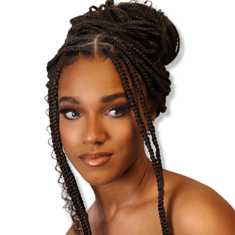 black woman looking with natural makeup long lashes and braids