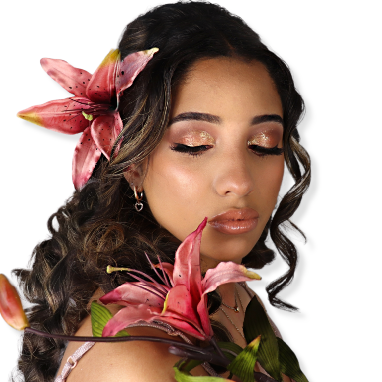 young latin girl with flowers in her hair and light natural makeup